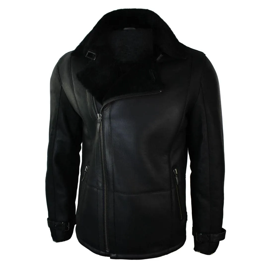 Mens Winter Real Sheepskin Black Mid Length Fitted Designer Jacket Cross Zip
