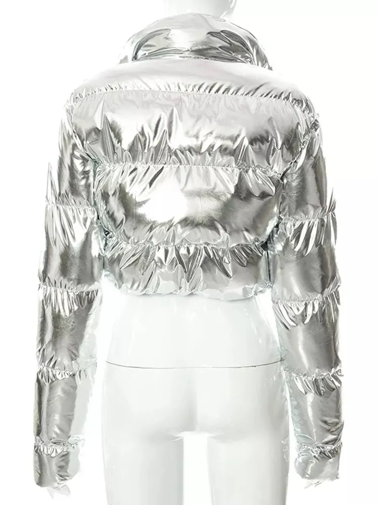 Metallic Silver High Neck Puffer Jacket