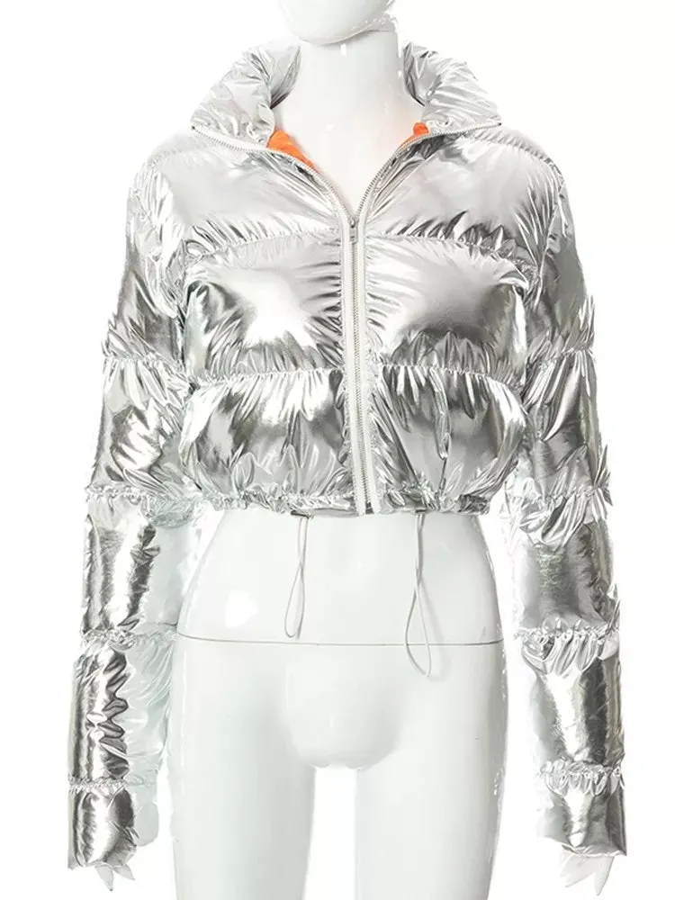 Metallic Silver High Neck Puffer Jacket
