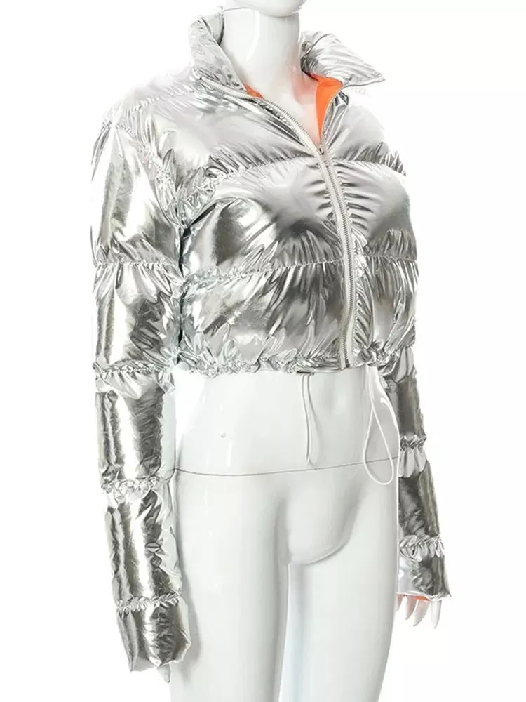 Metallic Silver High Neck Puffer Jacket