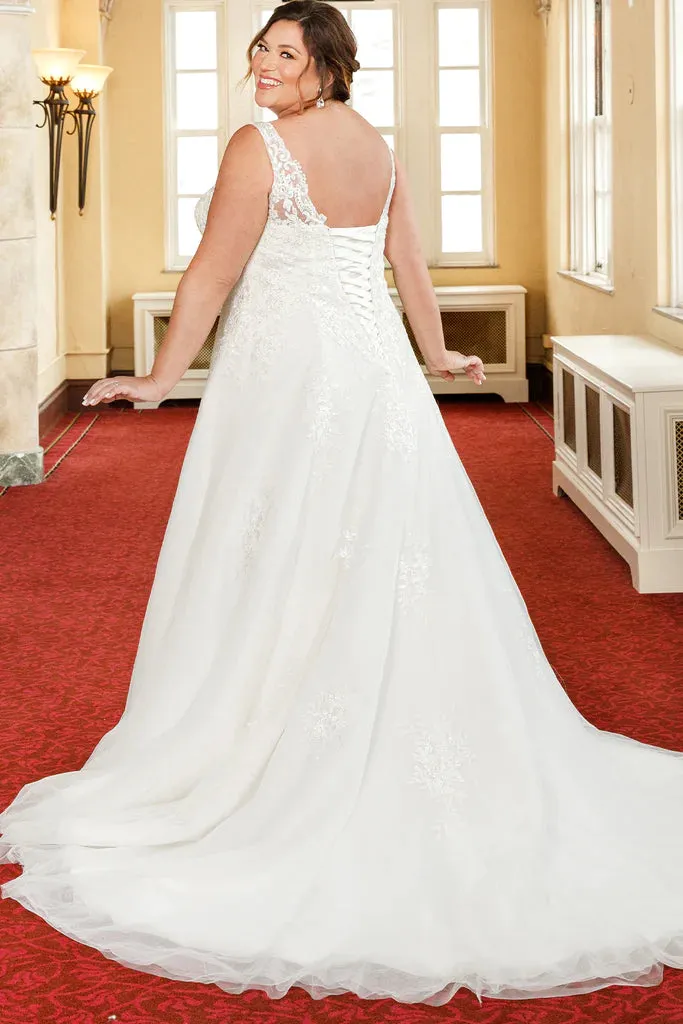 Michelle Bridal For Sydney's Closet MB2307 A-Line Soft Bridal Tulle Floral Appliques Clear Sequins V-Neck Sleeveless Plus Size "Hermione" Bridal Gown