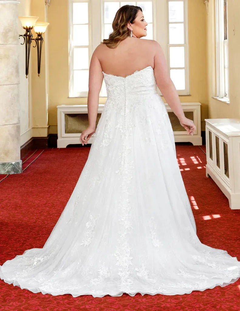 Michelle Bridal For Sydney's Closet MB2320 A-Line Floral Lace Clear Sequins Chantilly Lace Organza Detachable Drop Sleeve Lace Appliques Over Net Sweetheart Neckline Plus Size "Vera" Bridal Gown