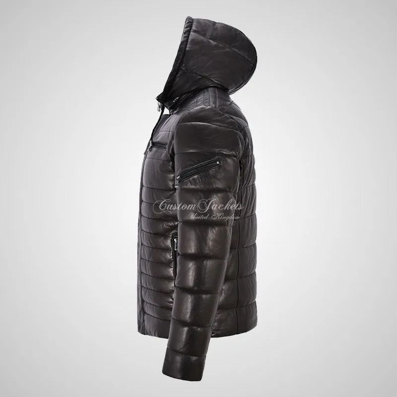 NEVIN Leather Detachable Hood Puffer Jacket For Mens