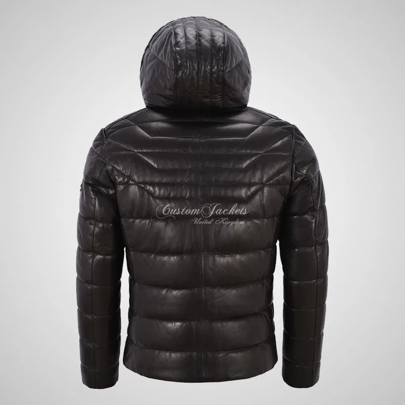 NEVIN Leather Detachable Hood Puffer Jacket For Mens