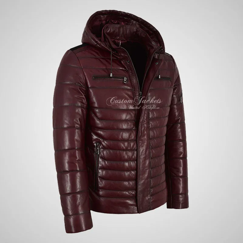 NEVIN Leather Detachable Hood Puffer Jacket For Mens