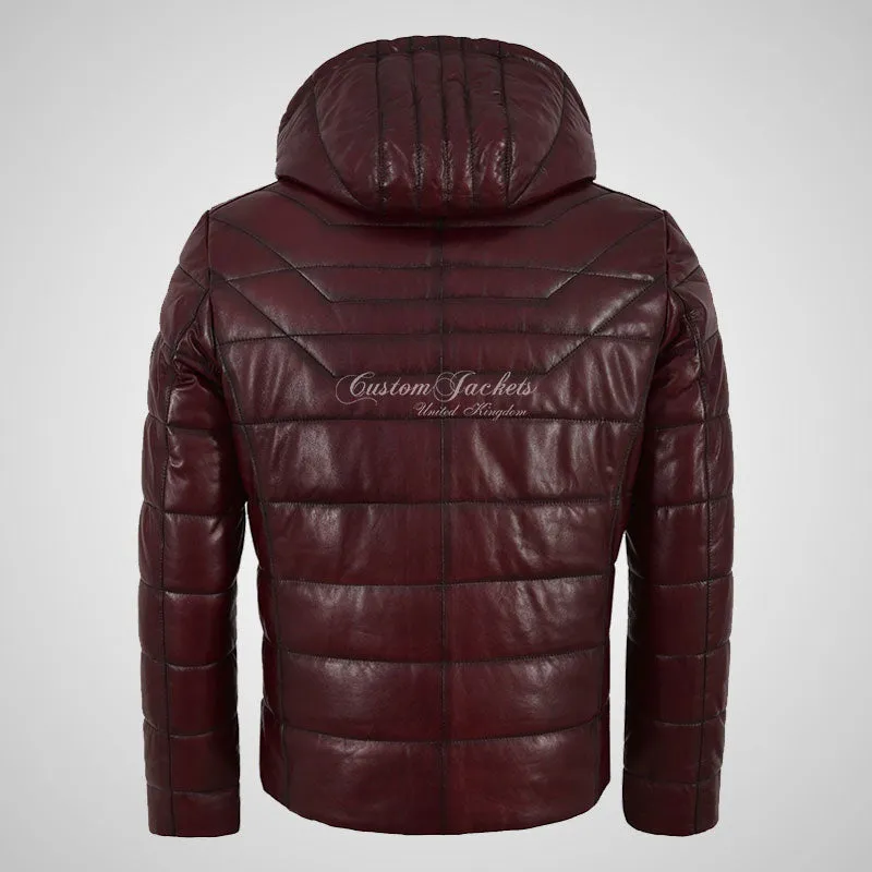 NEVIN Leather Detachable Hood Puffer Jacket For Mens