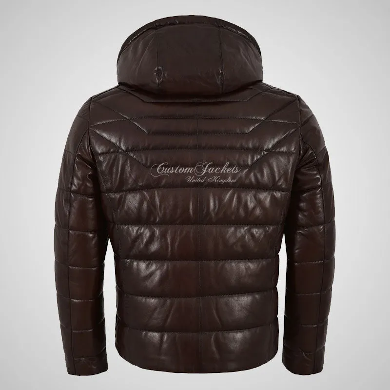 NEVIN Leather Detachable Hood Puffer Jacket For Mens