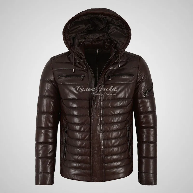 NEVIN Leather Detachable Hood Puffer Jacket For Mens