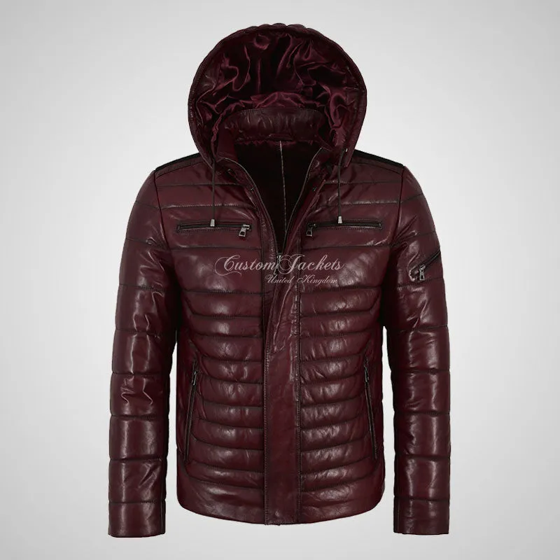 NEVIN Leather Detachable Hood Puffer Jacket For Mens