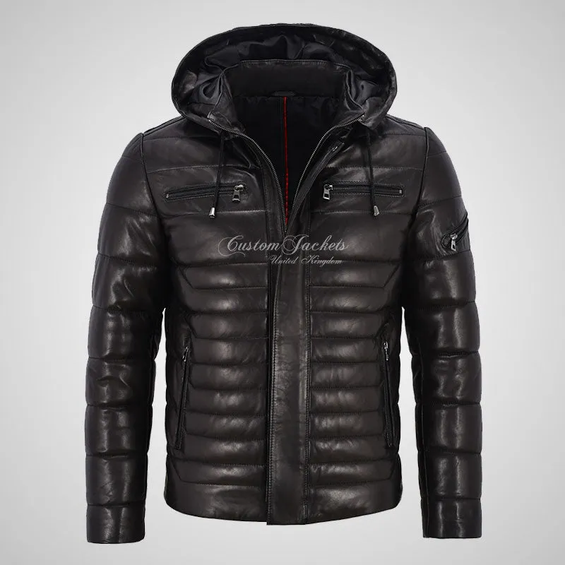 NEVIN Leather Detachable Hood Puffer Jacket For Mens