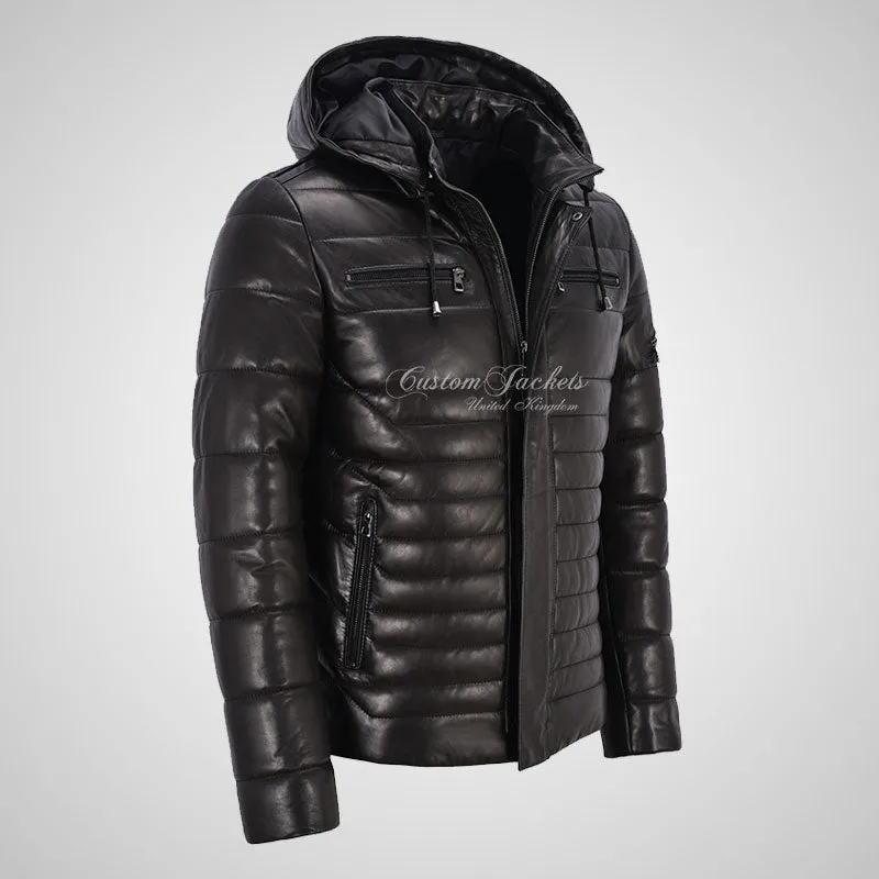 NEVIN Leather Detachable Hood Puffer Jacket For Mens