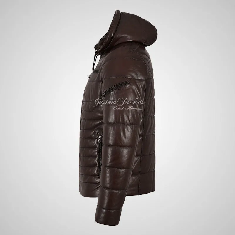 NEVIN Leather Detachable Hood Puffer Jacket For Mens