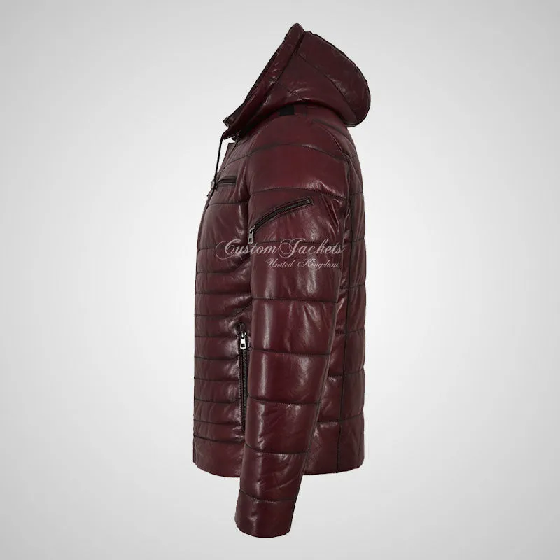 NEVIN Leather Detachable Hood Puffer Jacket For Mens