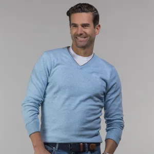 Positano Luxury Touch V-Neck Sweater Coastal Blue with Grey Trim