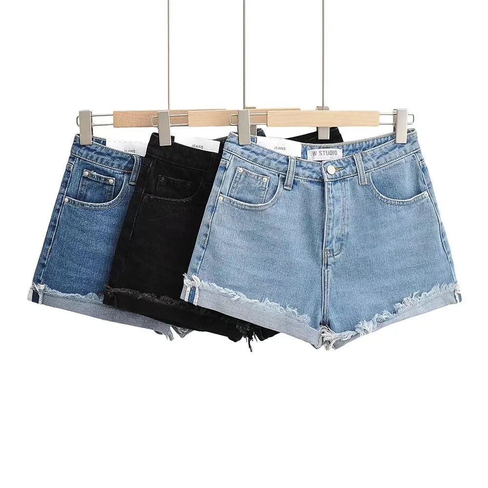 Three Colorway Raw Rolled Hem Denim Shorts