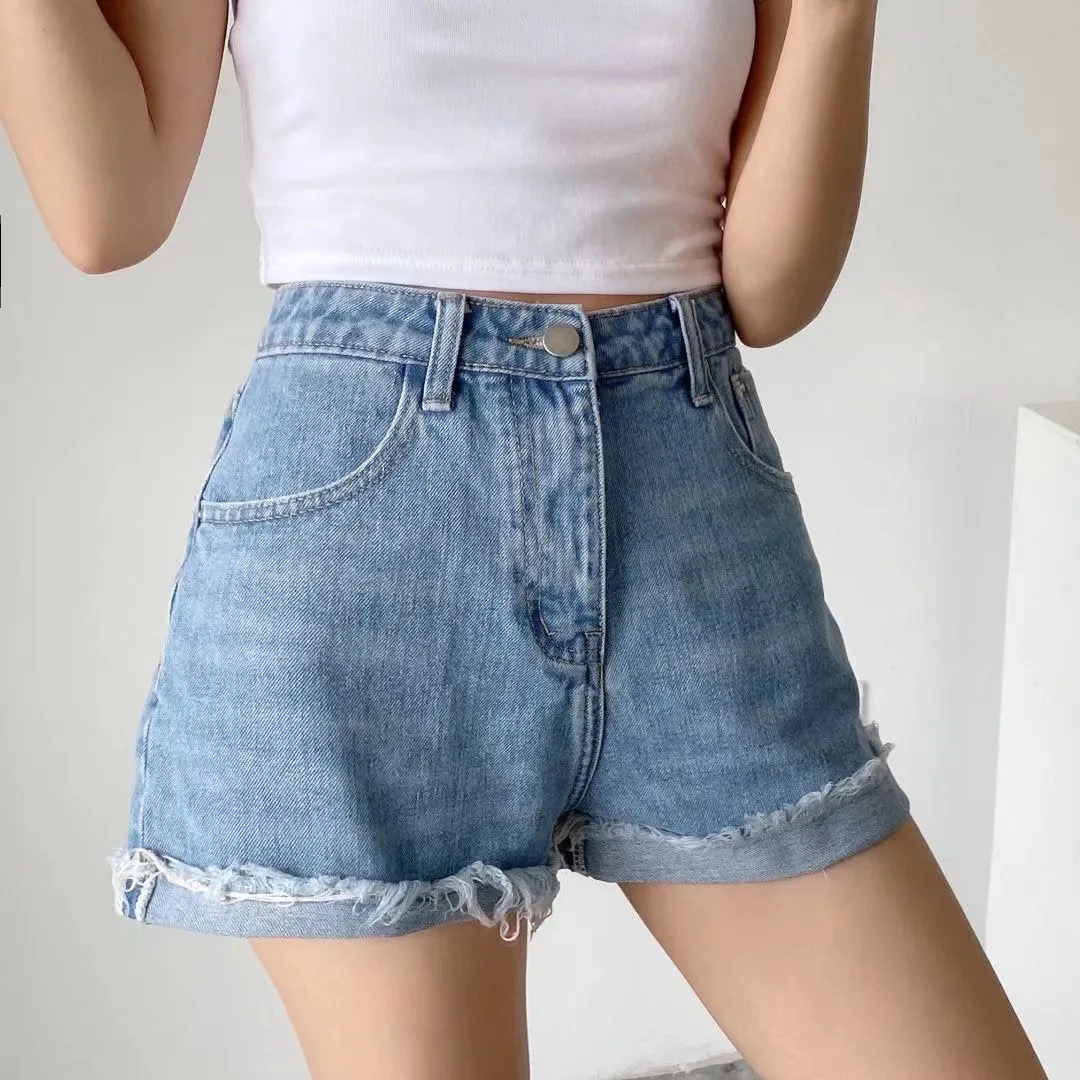 Three Colorway Raw Rolled Hem Denim Shorts