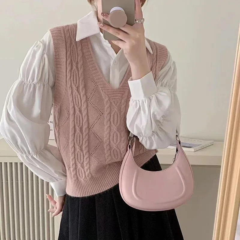 V-Neck Solid Knitted Sleeveless Sweater